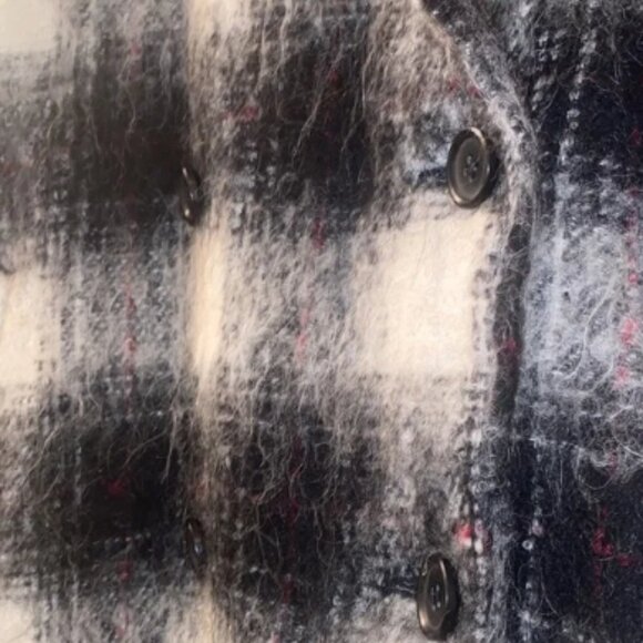 Theory Shaggy Pea Coat Cafe Lithe Wool Blend Black/White Check - Picture 5 of 5